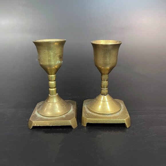 Solid Brass Candle Stick Holders Set of 2 Small 1.75” x 3" Vintage India - Picture 1 of 5